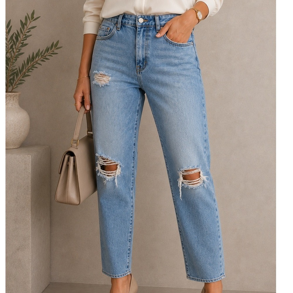 Shein Petite M Light Wash Distressed Ripped Mom Jeans High Rise Tapered Crop
